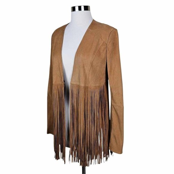 Lamarque Camel Suede Leather Fringe Jacket Western Boho Festival Size 4 - Picture 5 of 9